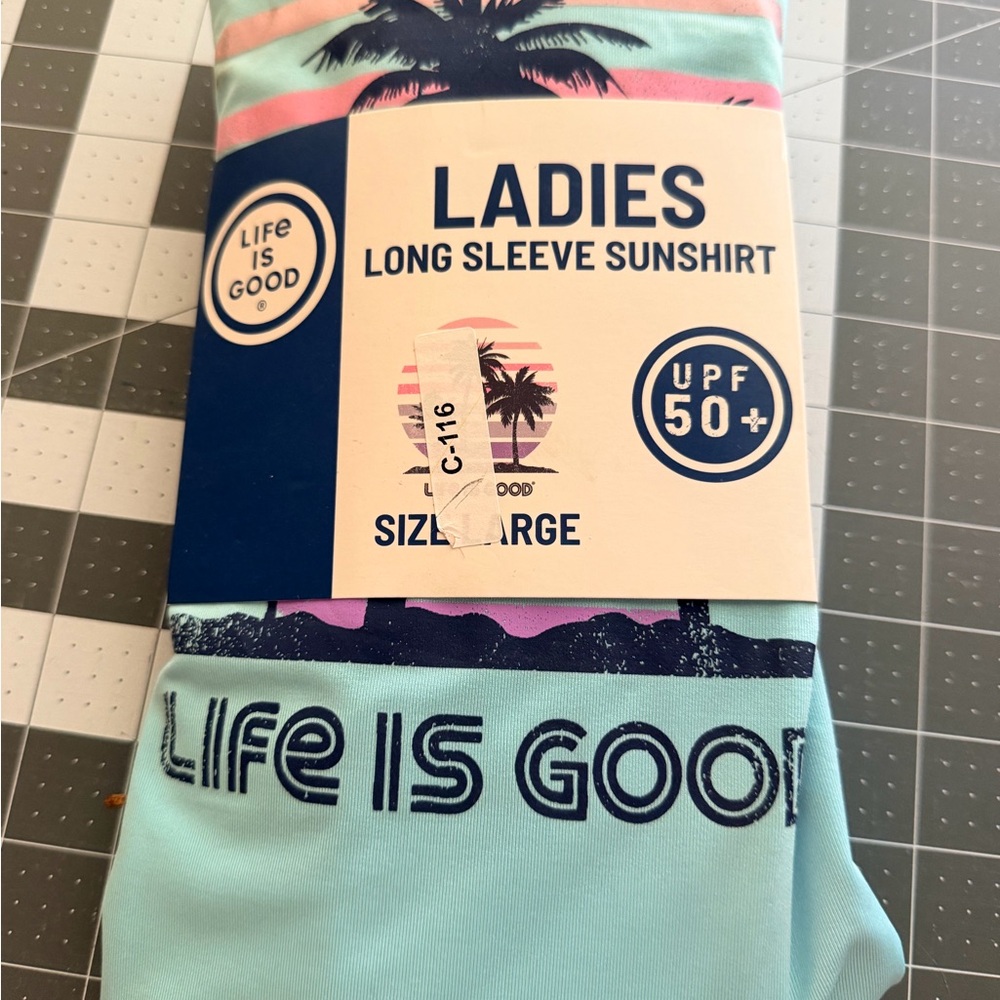 Life Is Good Ladies Long Sleeve Sunshirt - Aqua with Pink Accent